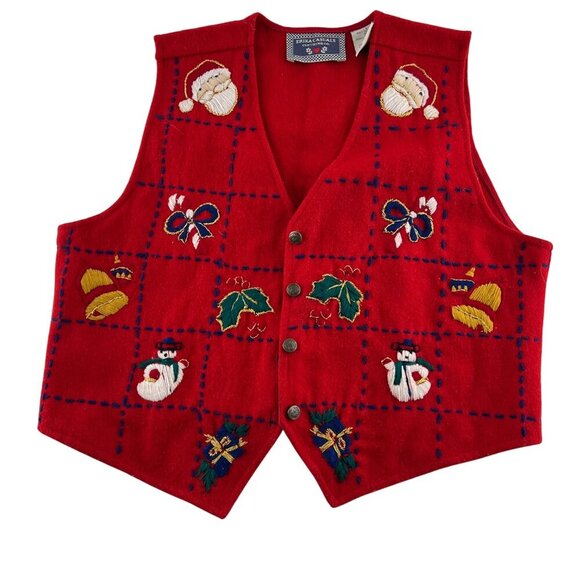 Vintage Erika Casuals Red Wool Blend Christmas Vest Embroidered Santa Size L - Picture 1 of 6